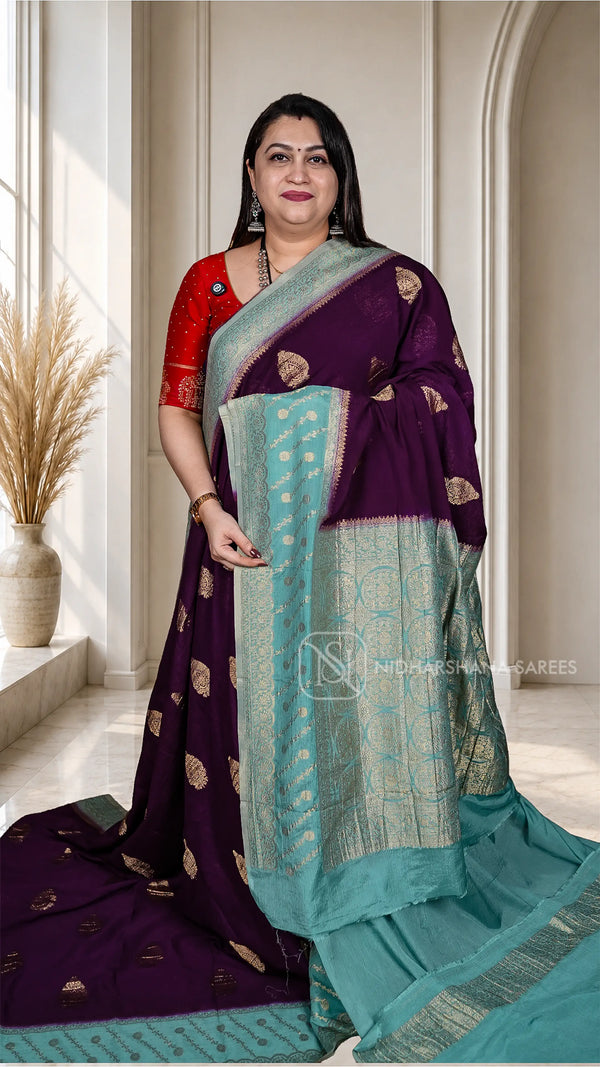 Crush Chinon With Zari Butta And Zari Weaving Contrast Border