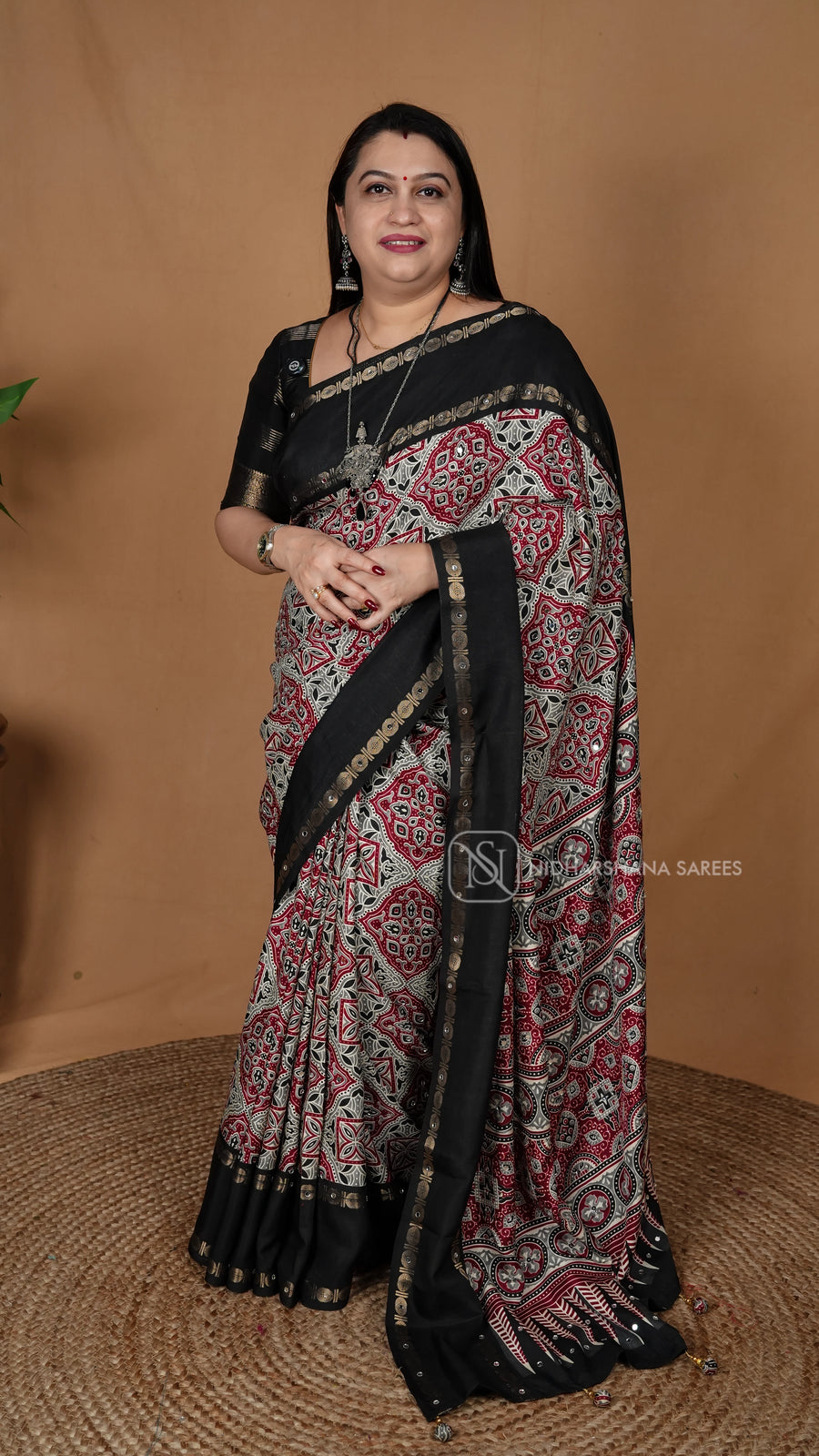 Matka Tussar With Mirror Work And Ajark Print Concept