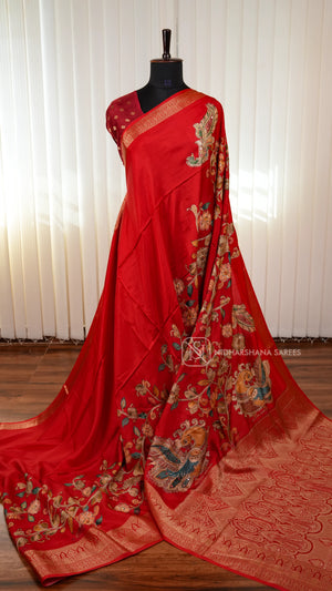Premium Viscose Crepe Silk Saree With Kalamkari Print And Mirror Work Detailing