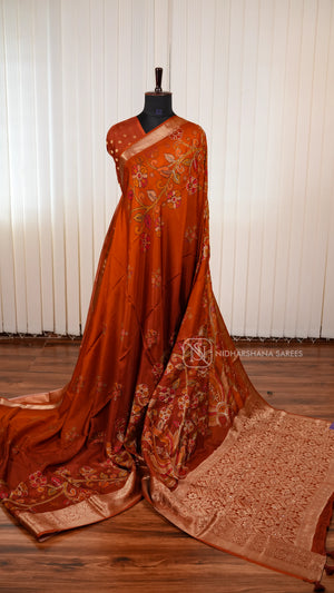 Premium Viscose Crepe Silk Saree With Kalamkari Print And Mirror Work Detailing