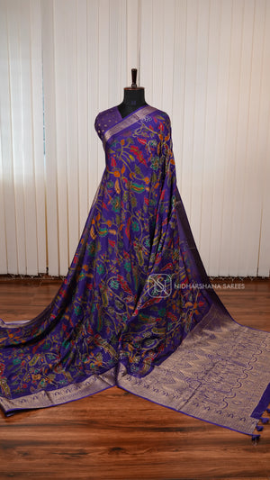Premium Viscose Crepe Silk Saree With Kalamkari Print And Mirror Work Detailing