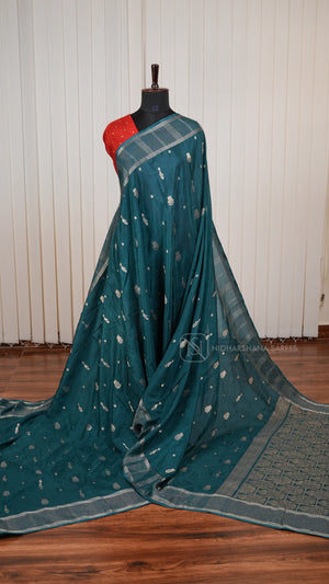 Viscose By Crepe Silk Saree With Peacock Zari Butta And Zari Border