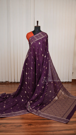 Viscose By Crepe Silk Saree With Peacock Zari Butta And Zari Border