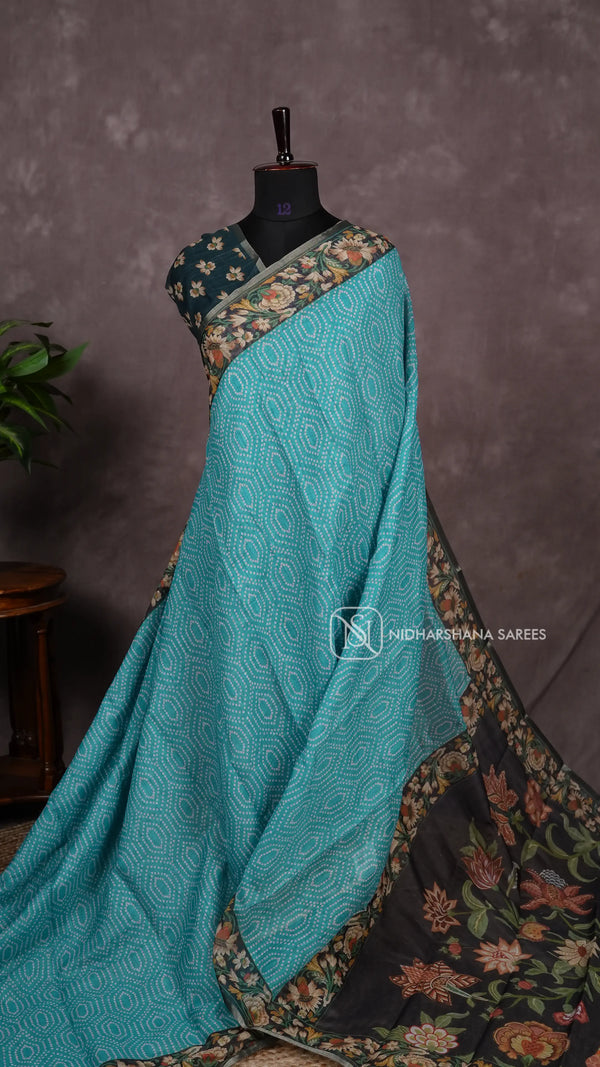 Linen Cotton With Bandhini Print And Floral Digital Border
