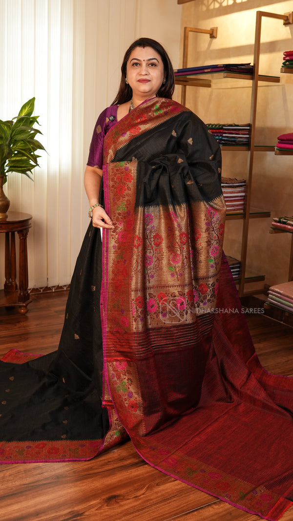 Pure Banarasi Matka Silk With Zari Butta And Floral Zari Border