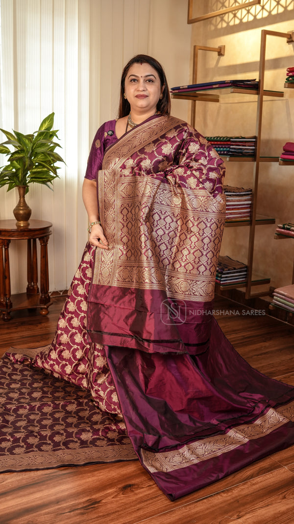 Pure Banarasi Silk With Floral Zari Weaving And Zari Border