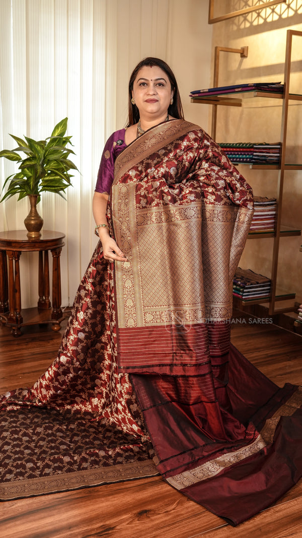 Pure Banarasi Silk With Floral Zari Weaving And Zari Border