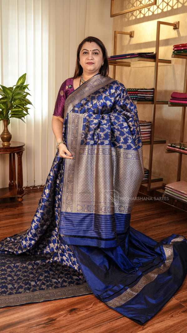 Pure Banarasi Silk With Floral Zari Weaving And Zari Border