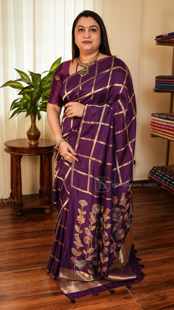 Semi Modal Silk With Big Zari Checks And Embroidery Pallu Concept