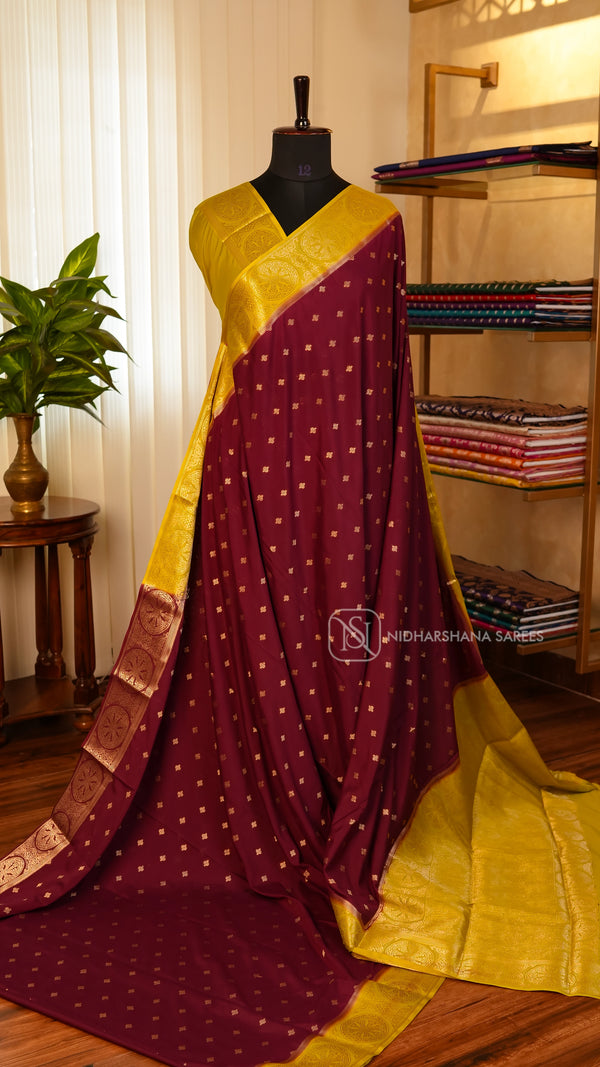 Semi Mysore Crepe Silk With Zari Butta And Contrast Zari Border