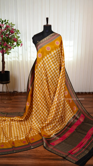 Pure Viscose Crepe Silk Saree With Small Check Pattern And Zari Butta