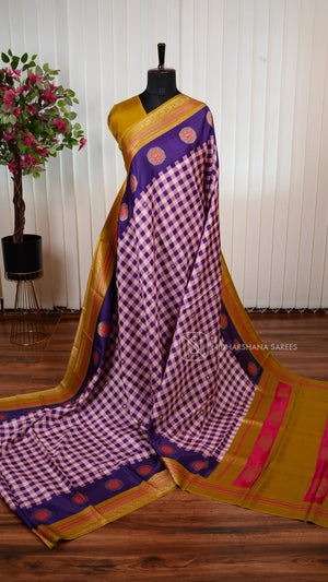 Pure Viscose Crepe Silk Saree With Small Check Pattern And Zari Butta