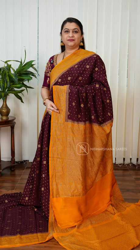 Pure Crepe Banarasi With Zari Butta And Antic Contrast Zari Border