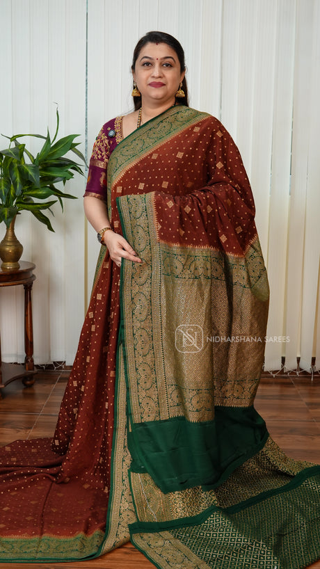 Pure Crepe Banarasi With Zari Butta And Antic Contrast Zari Border