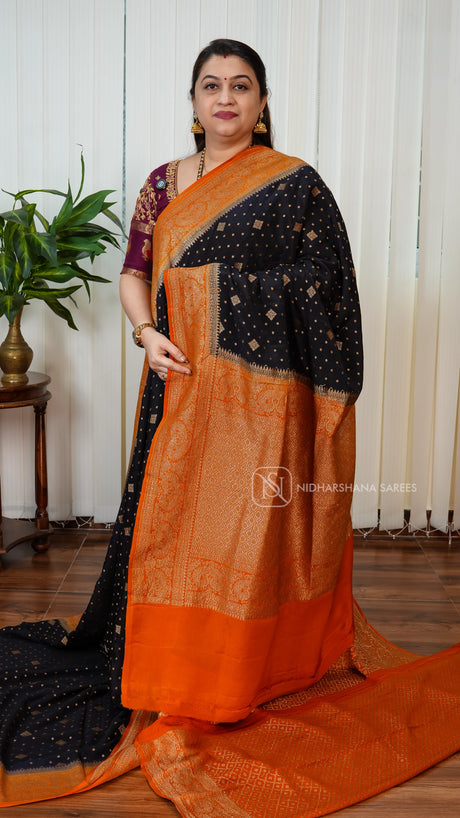 Pure Crepe Banarasi With Zari Butta And Antic Contrast Zari Border