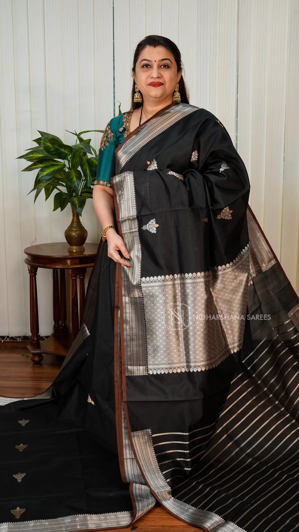 Pure Banarasi Silk With Zari Butta And Silver Zari Border