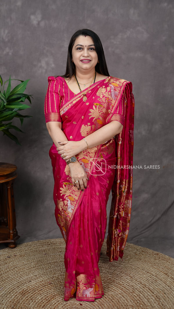 Mashru Satin With Peacock And Golden Zari Border