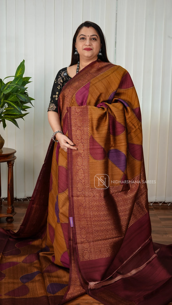 Pure Tussar Silk With Geometrical Pattern And Antic Zari Border