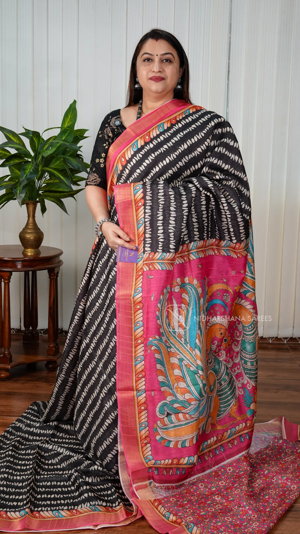Semi Tussar Silk With Contrast Border And Kalamkari Print Pallu
