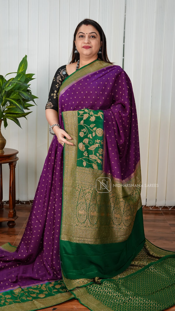 Pure Banarasi Crepe With Antic Zari Butta And Contrast Border
