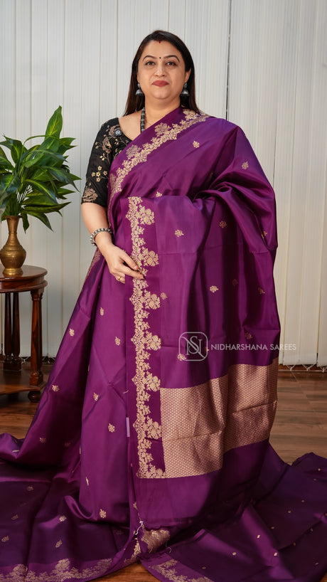 Pure Handloom Puna Silk With Zari Butta And Floral Zari Weaving Border