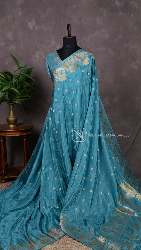 Mashru Satin With Peacock And Golden Zari Border