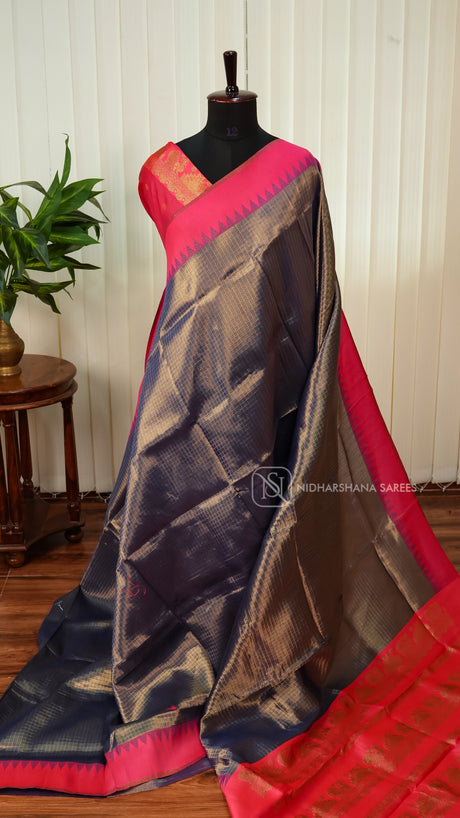 Semi Silk With Zari Checks And Temple Weaving Border