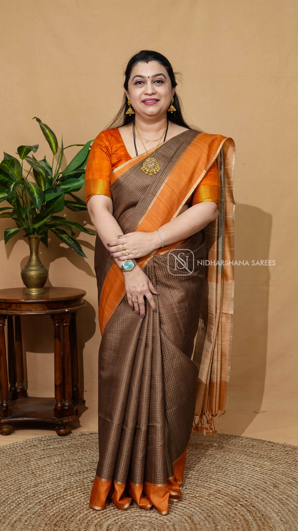 Semi Tussar With Zari Lines And Gap Style Border