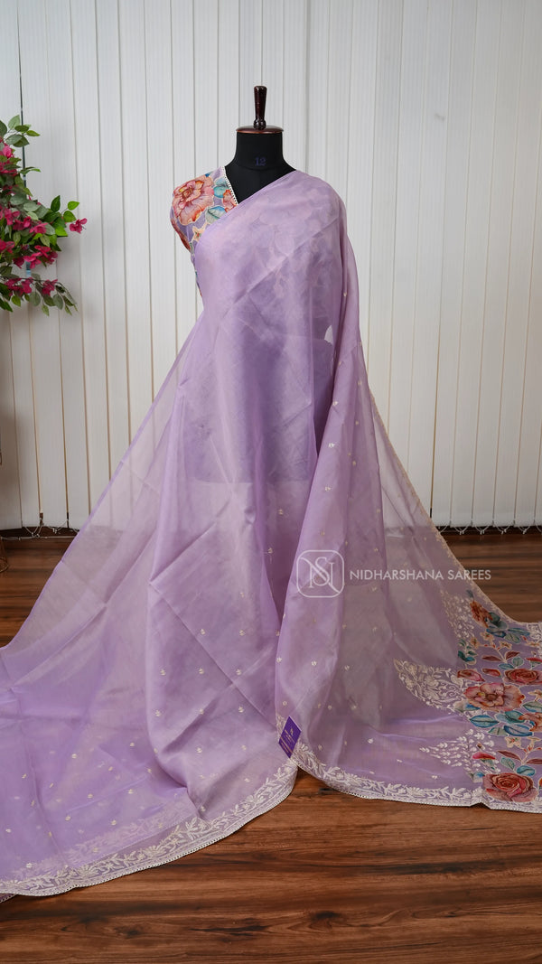 Organza Saree With Elegant Floral Embroidery And Patchwork Detailing