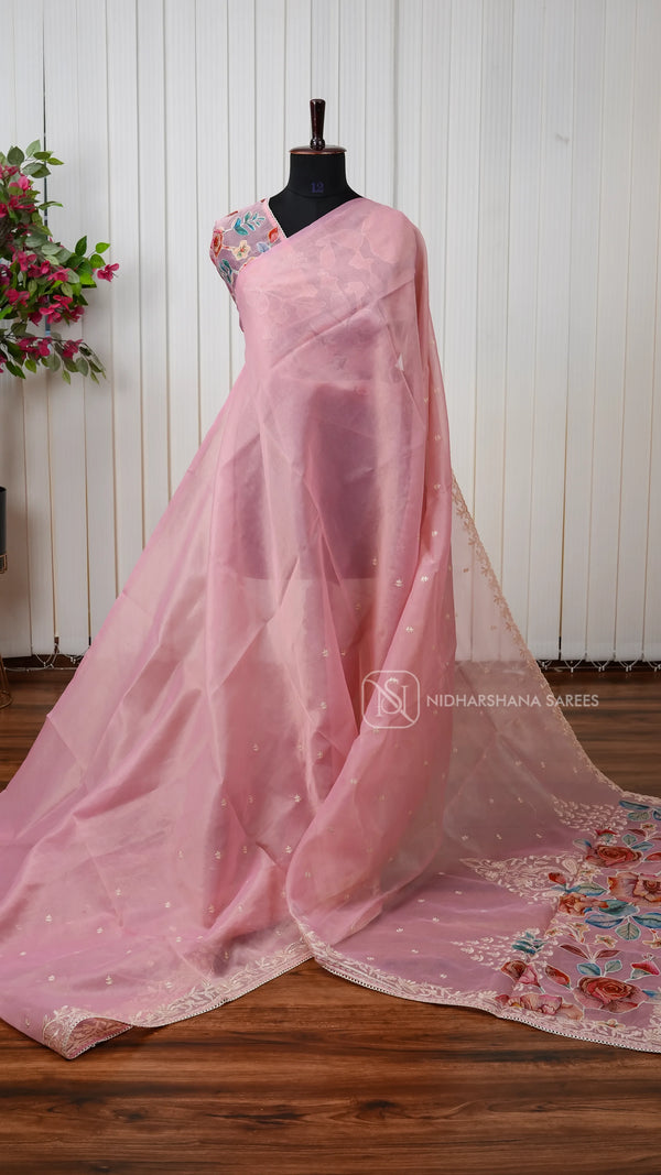Organza Saree With Elegant Floral Embroidery And Patchwork Detailing
