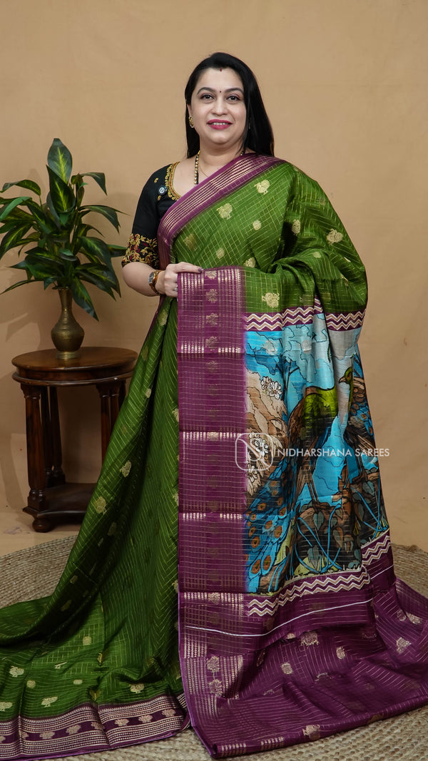 Semi Dola With Zari Checks And Zari Butta