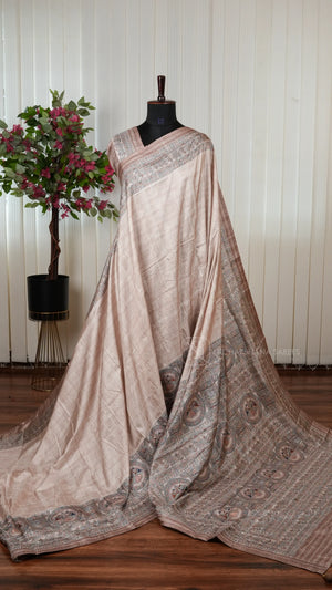 Semi Tussar Silk Saree With Madhubani Print And Kantha-Style Stitching Concept
