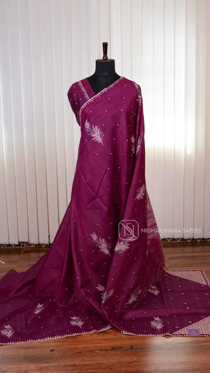 Premium Matka Tussar Silk Saree with Embroidered Border and Rich Embroidery Pallu Concept