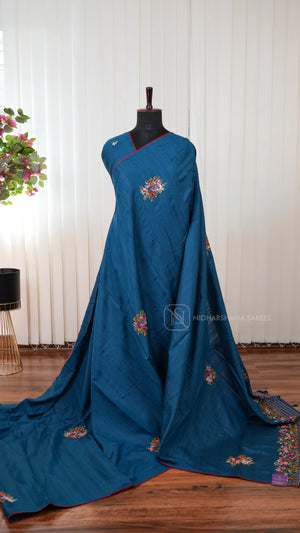 Semi Matka Tussar Silk Saree With Katha Stitching And Sequin Work Concept