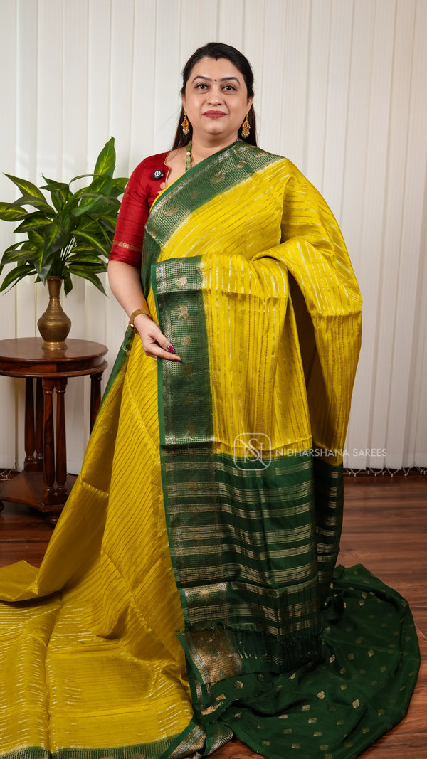 Premium Viscose Silk With Silver And Gold Zari Lines And Contrast Border