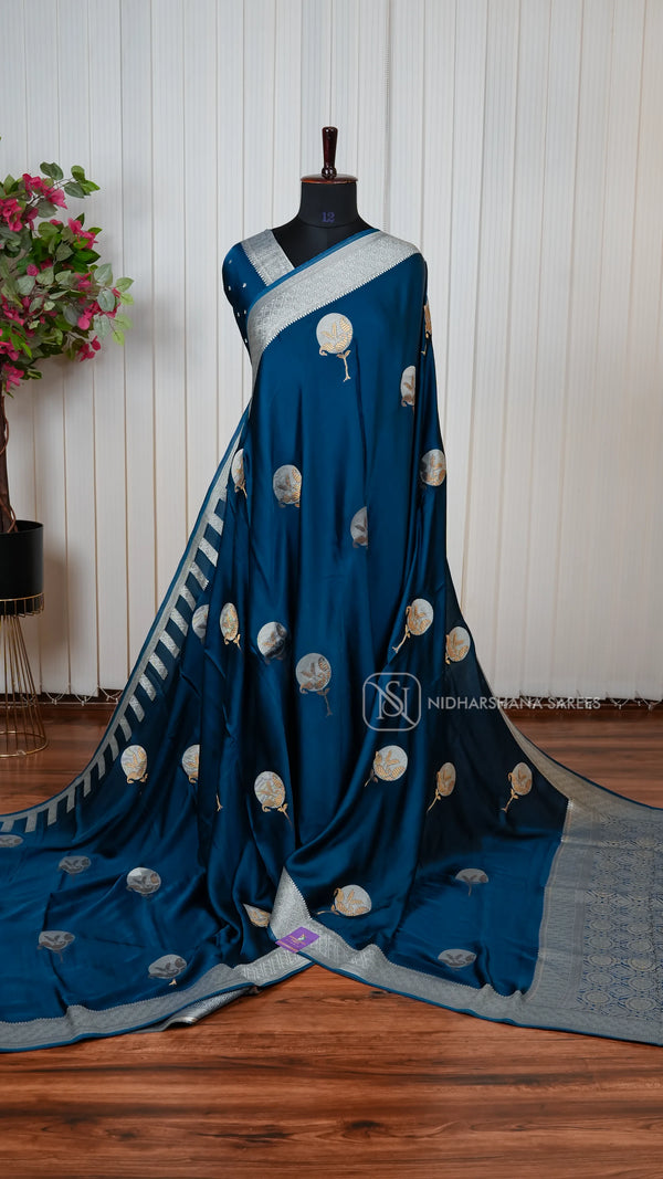Premium Pure Mushru Satin Saree with Meena Butta And Mango Motif Design and Rich Pallu