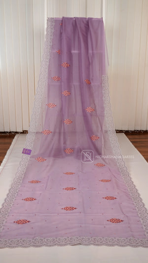 Lavender - Party Wear Saree With Super Net Fabric, Floral Thread Embroidery Butta's And Cutwork Border
