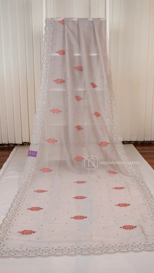Pastel Grey- Party Wear Saree With Super Net Fabric, Floral Thread Embroidery Butta's And Cutwork Border