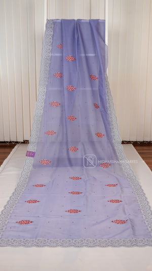 Blue Shade Party Wear Saree With Super Net Fabric, Floral Thread Embroidery Butta's And Cutwork Border