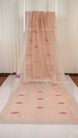 Pastel Peach Party Wear Saree With Super Net Fabric, Floral Thread Embroidery Butta's And Cutwork Border