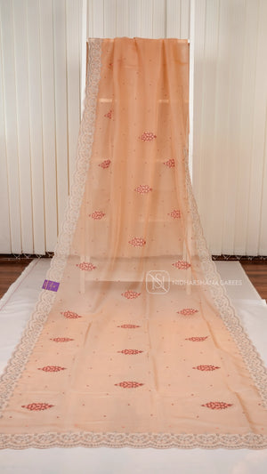 Peach Party Wear Saree With Super Net Fabric, Floral Thread Embroidery Butta's And Cutwork Border
