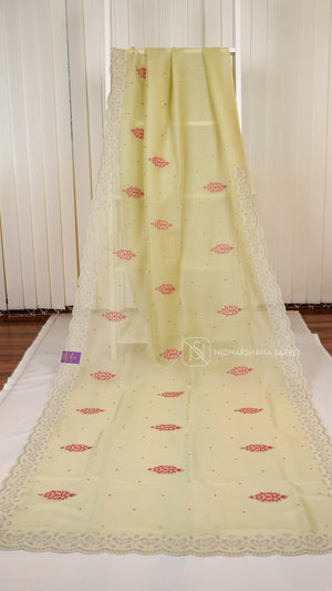 Pastel Green Party Wear Saree With Super Net Fabric, Floral Thread Embroidery Butta's And Cutwork Border