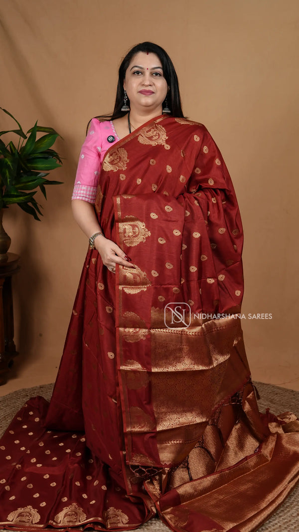 Soft Silk With Meena Zari Butta And Zari Temple Weaving Border