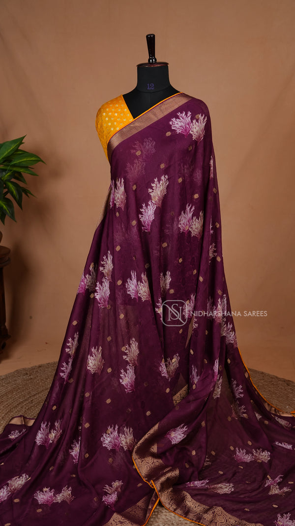 Muslin Georgette With Zari Butta And Digital Print And Zari Border