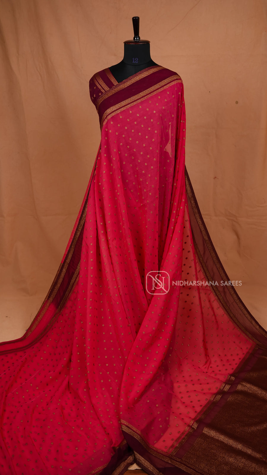 Premium Crepe Silk With Zari Butta And Contrast Antic Zari Gap Style Border