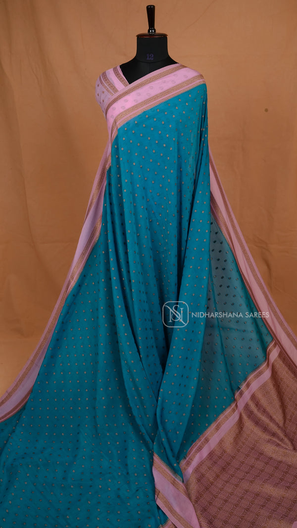 Premium Crepe Silk With Zari Butta And Contrast Antic Zari Gap Style Border