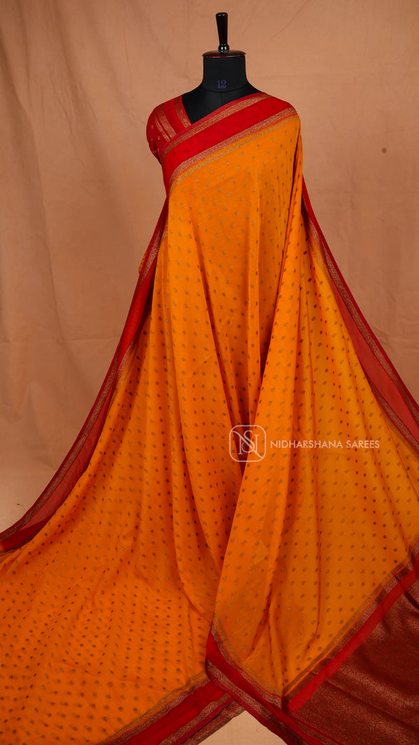 Premium Crepe Silk With Zari Butta And Contrast Antic Zari Gap Style Border