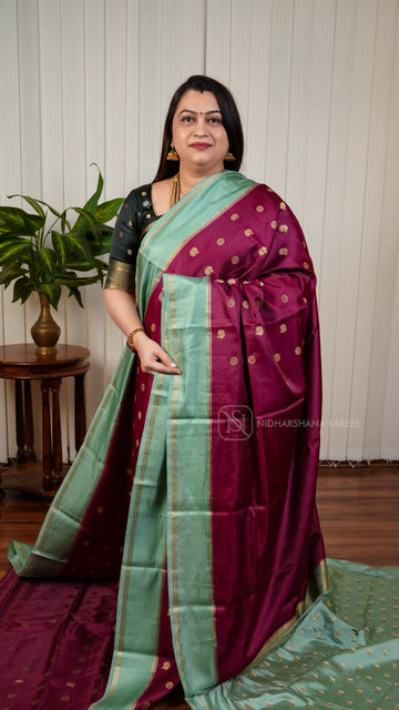 Semi Raw Silk With Annam Motif Zari Butta And Gap Style Zari Border
