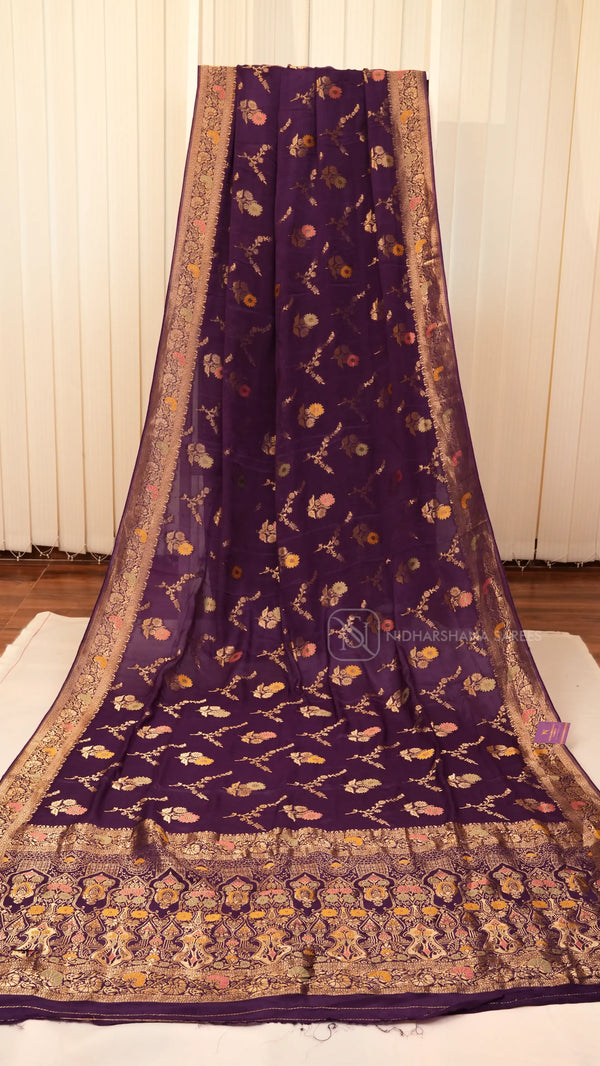 Premium Chiffon Georgette With Floral Zari Weaving And Zari Border