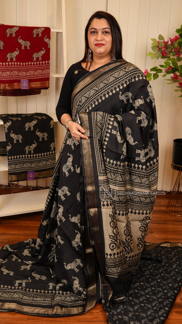 Viscose Cotton With Elephant Digital Print And Self Color Zari Border